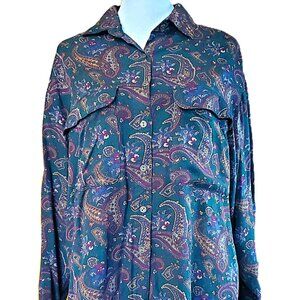 Land's End Green Paisley Button Down Shirt Women's Sz 14 Gorpcore Outdoors Cabin
